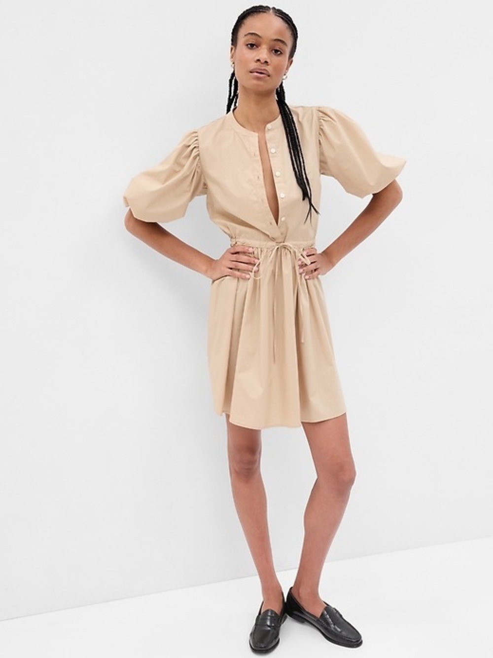 GAP Beige Puff-Sleeve Tie-Waist Mini Dress
